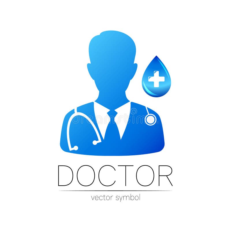 Sigla vectorului principal în culori albastre cu picături și cruce. siluetă medic. sigla pentru sănătatea spitalului stock illustration