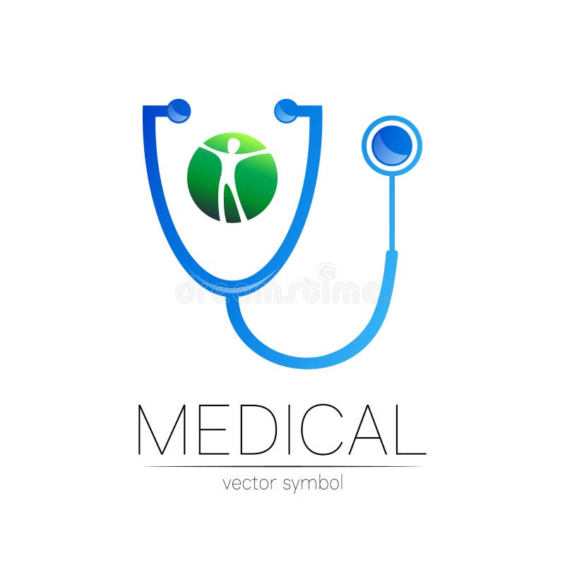 Sigla vectorului stetoscopului în culoarea verde albastră. om în cerc. simbolul medical al spitalului medical și royalty free illustration