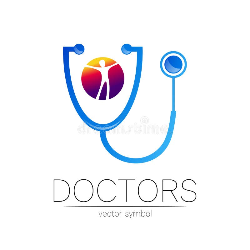 Sigla vectorului stetoscopului în culorile albastru și violet. om în cerc. simbolul medical al spitalului medical și vector illustration