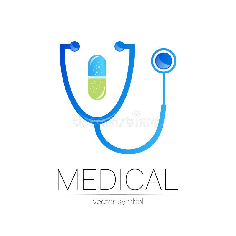 Siglă pentru conținutul capsulei stetoscopului în albastru. simbolul medical al spitalului medical și al diagnosticului royalty free illustration