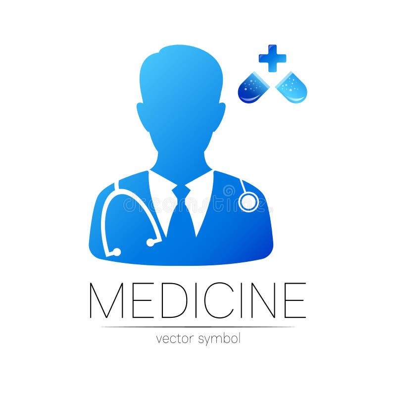 Siglă pentru vectorul pilulelor de la doctor și capsulă, de culoare albastră, cu cruce. siluetă medic. siglă de sănătate royalty free illustration