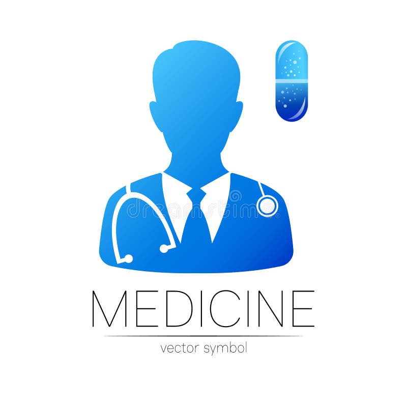 Siglă pentru vectorul pilulelor de la doctor și capsulă în culori albastre. siluetă medic. sigla pentru sănătatea spitalului vector illustration