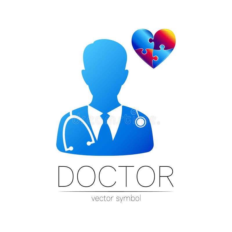 Siglă vectorială doctor în culoare albastră. cardiolog medical silhoust. sigla pentru cardiologia spitalului clinic stock illustration