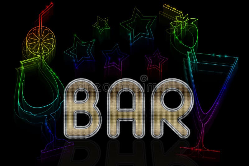 A sign for a bar with cocktails and neon stars