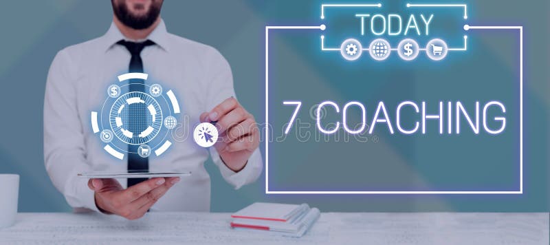 Sign displaying 7 Coaching. Business overview Refers to a number of figures regarding business to be succesful stock images