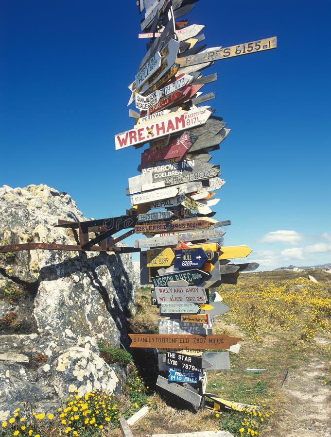 Sign distances to many destinations around the world from Falkland island