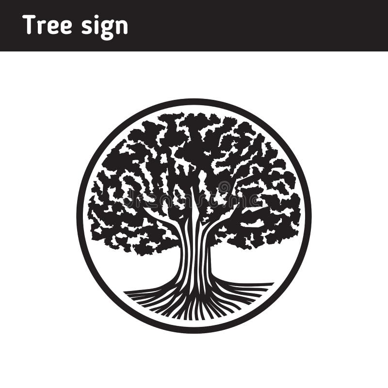 Sign in the form of an old tree with roots, in the style of engraving. Sign in the form of an old tree with roots, in the style of engraving