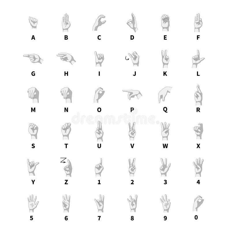 Sign language interpreter, latin alphabet grayscale signs on white royalty free illustration