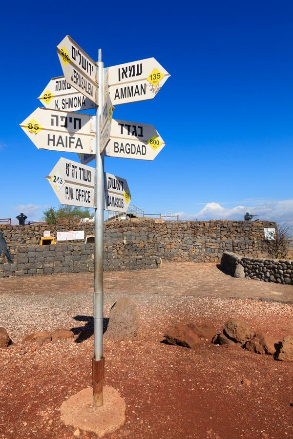 Directions sign on Mount Bental on the border between Israel and Syria