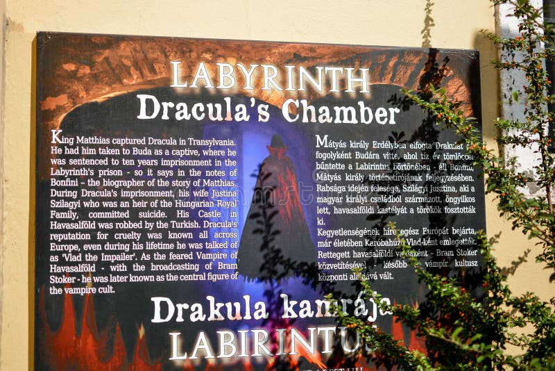 Sign outside the entrance to Dracula`s Chamber, inside the Buda Castle Labyrinth in Budapest Hungary. stock photo Sign outside the entrance to Dracula`s Chamber, inside the Buda Castle Labyrinth in Budapest Hungary. stock photo