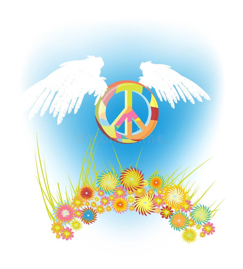 Peace Sign With Wings And Flowers Stock Vector Illustration of clouds