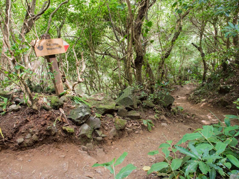 Sign to a waterfall on Sao Jorge Island, Azores