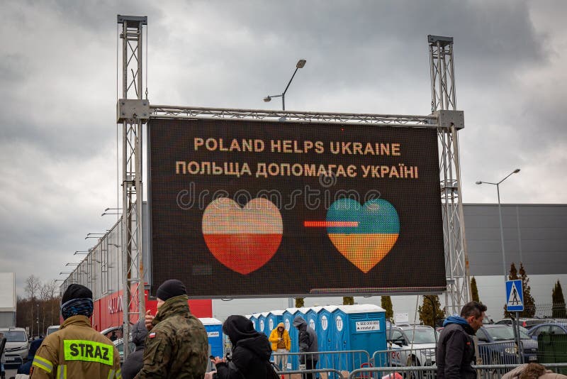 Sign welcoming refugees from Ukraine at the Mlyny refugee centre