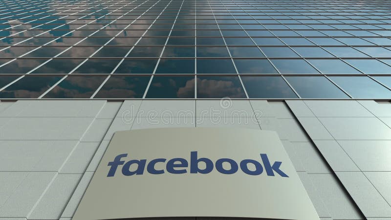Signage board with Facebook logo. Modern office building facade. Editorial 3D rendering