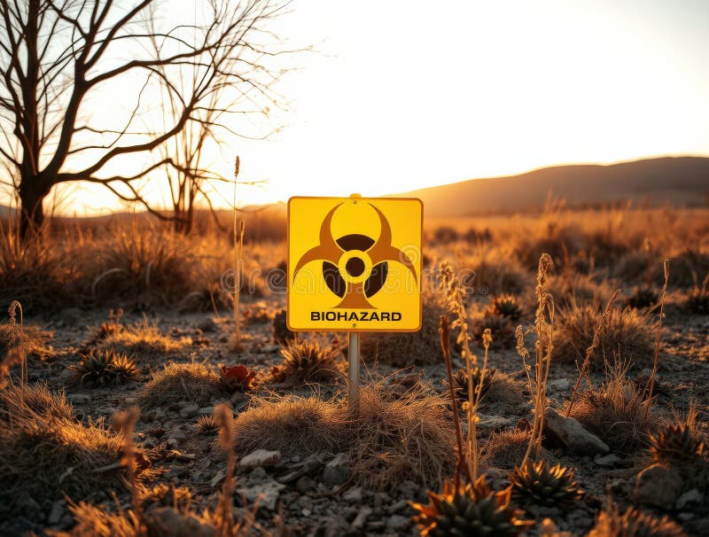 Signal de risque biologique dans le paysage de la zone de danger du désert au lever du soleil signe jaune AI généré illustration stock