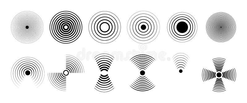 Signal sonar detection, monitor pulse symbol. Waves signals black icons, spiker sound or radar. Frequency noise, digital royalty free illustration