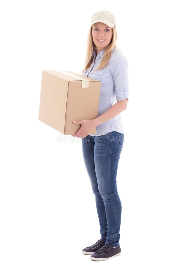 Signalez la femme de la livraison jugeant la boîte de carboard d'isolement sur le blanc photo libre de droits Signalez la femme de la livraison jugeant la boîte de carboard d'isolement sur le blanc photo libre de droits