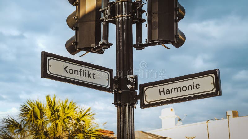 An image with a signpost pointing in two different directions in German. One direction points to harmony, the other points to conflict. An image with a signpost pointing in two different directions in German. One direction points to harmony, the other points to conflict