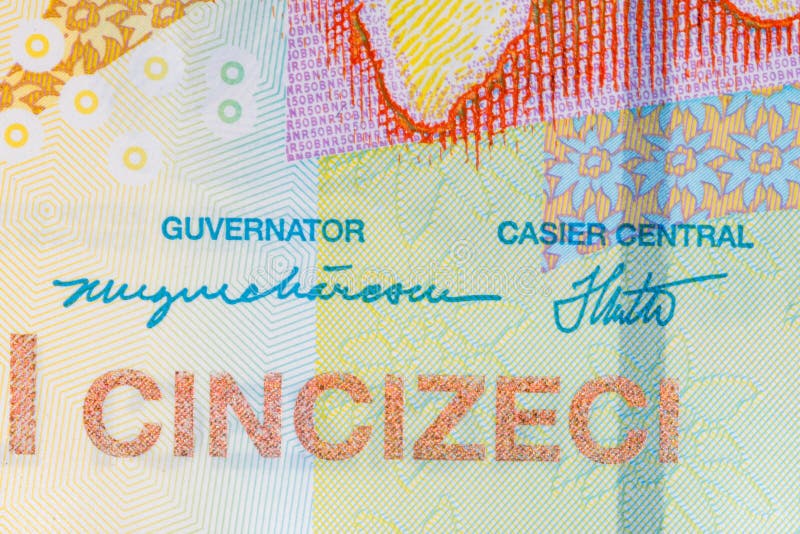 Signature of Guvernator and Casier central on 50 romanian leu banknote