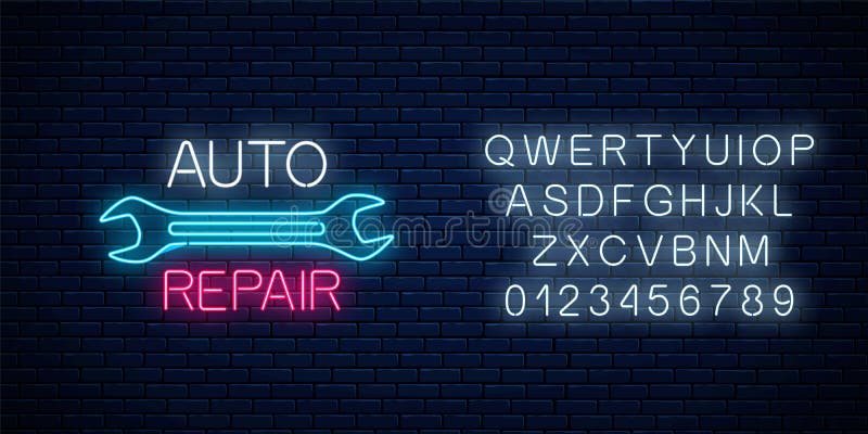 Signe au néon d'atelier de réparations automatiques avec l'alphabet Le symbole rougeoyant de la publicit? de nuit du v?hicule r?p illustration libre de droits Signe au néon d'atelier de réparations automatiques avec l'alphabet Le symbole rougeoyant de la publicit? de nuit du v?hicule r?p illustration libre de droits