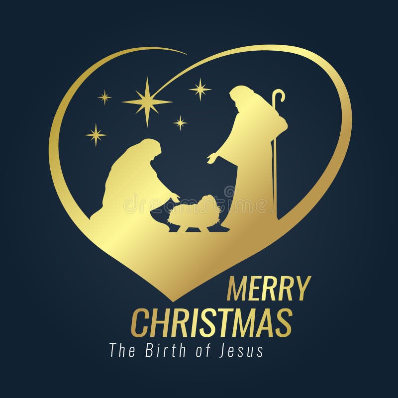 Signe d'or de bannière de Joyeux Noël avec le paysage nocturne Mary et Joseph de Noël dans une mangeoire avec le bébé Jésus et le illustration de vecteur