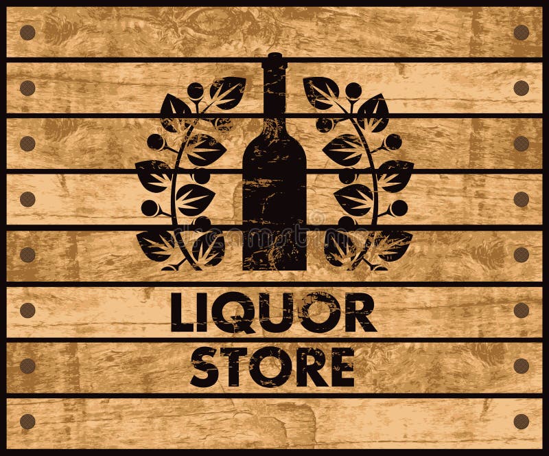 Wooden box with a picture of the bottle of wine and liquor store sign. Wooden box with a picture of the bottle of wine and liquor store sign