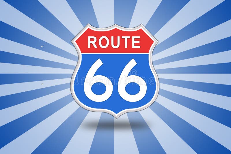 Route 66 Road Sign isolated on blue sunbeam background. High resolution illustration. Route 66 Road Sign isolated on blue sunbeam background. High resolution illustration.