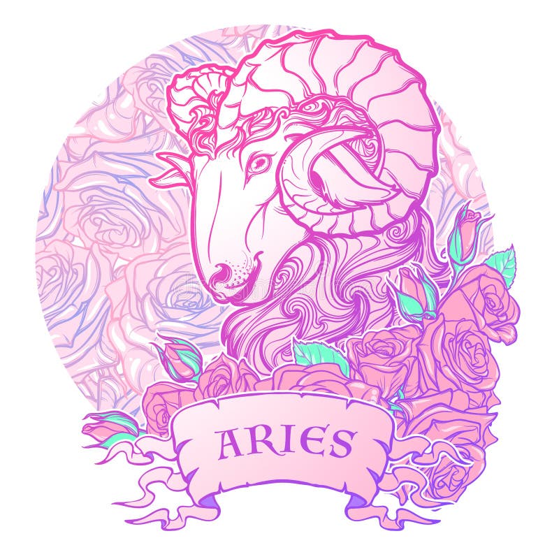 Signe de zodiaque de Bélier avec un art décoratif de concept d'astrologie de roses de cadre Tatouage Design illustration libre de droits Signe de zodiaque de Bélier avec un art décoratif de concept d'astrologie de roses de cadre Tatouage Design illustration libre de droits