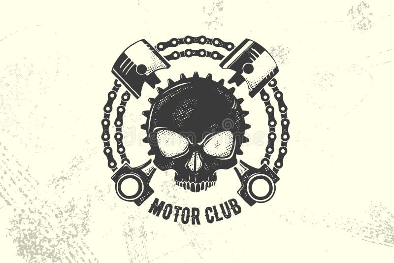 Signe et label de club de moteur de vintage avec la chaîne, le crâne et les pistons Emblème des cyclistes et des cavaliers illustration de vecteur Signe et label de club de moteur de vintage avec la chaîne, le crâne et les pistons Emblème des cyclistes et des cavaliers illustration de vecteur