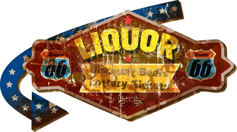 Grungy retro route 66 liquor store advertising sign, vector illustration. Grungy retro route 66 liquor store advertising sign, vector illustration