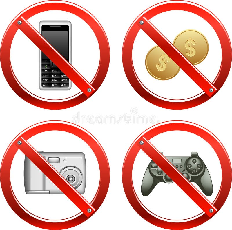 Vector set of signs banning video games, cash payments, and use of cameras and cell phones. Vector set of signs banning video games, cash payments, and use of cameras and cell phones