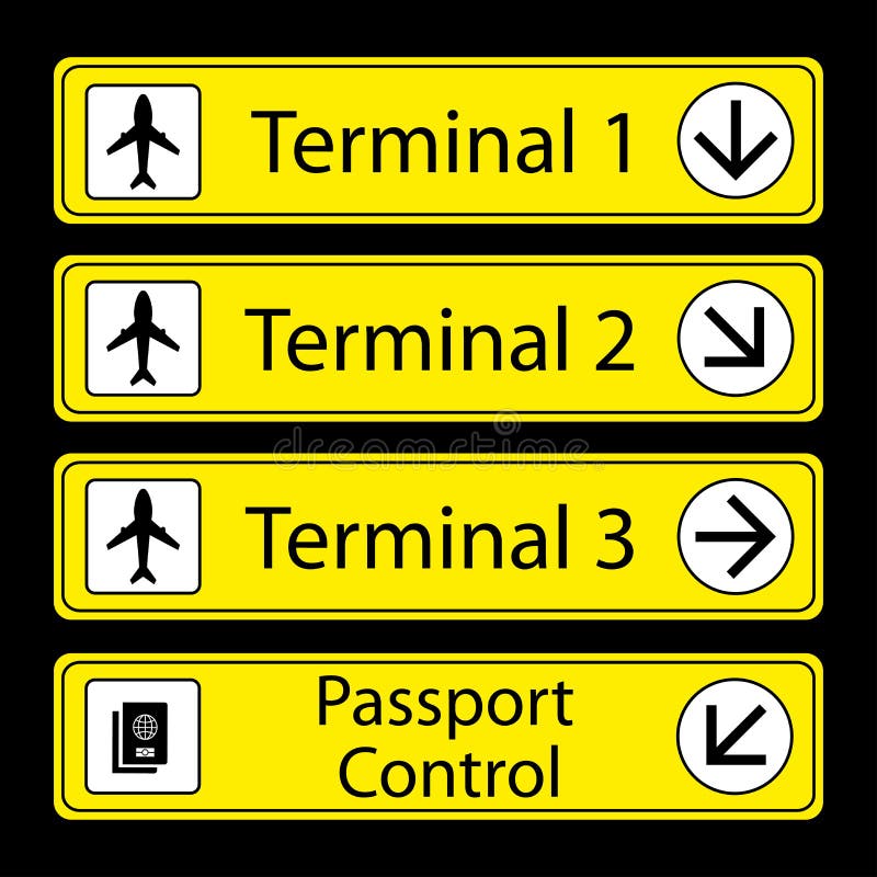 Signes jaunes d'aéroport avec les pictogrammes monochromatiques illustration libre de droits Signes jaunes d'aéroport avec les pictogrammes monochromatiques illustration libre de droits