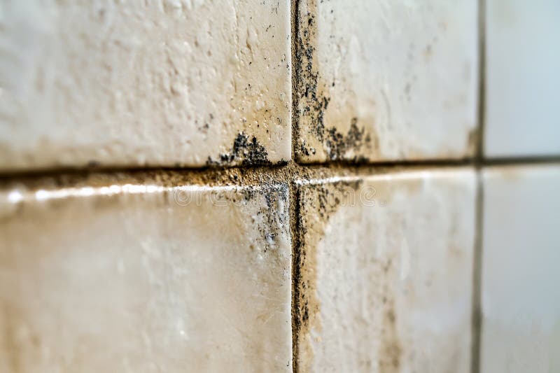 Significant mold growth in grout lines and corners of ceramic tiles. Dampness, humidity, ventilation problems at home stock images