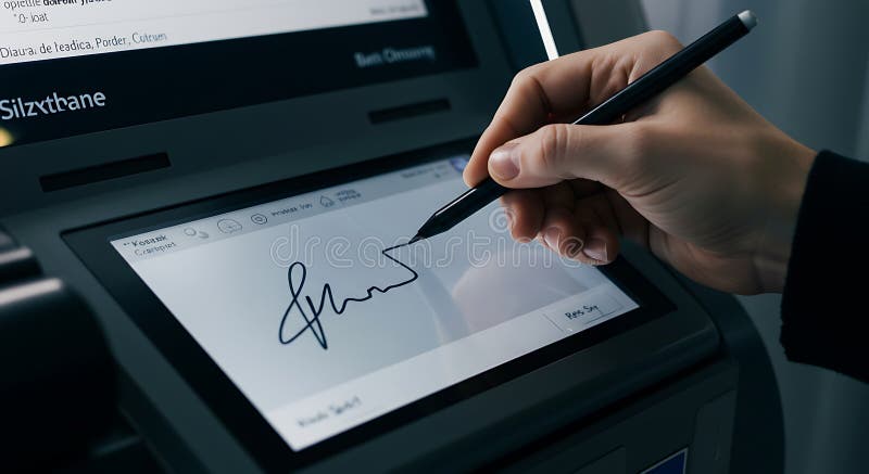Signing Digital Document Using Stylus on Modern Touch Screen Device royalty free illustration