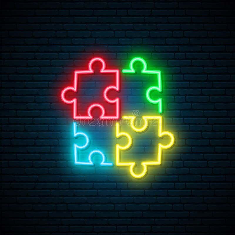 Signo de neón rompecabezas. símbolo de autismo brillante sobre fondo de pared de ladrillo oscuro. stock de ilustración