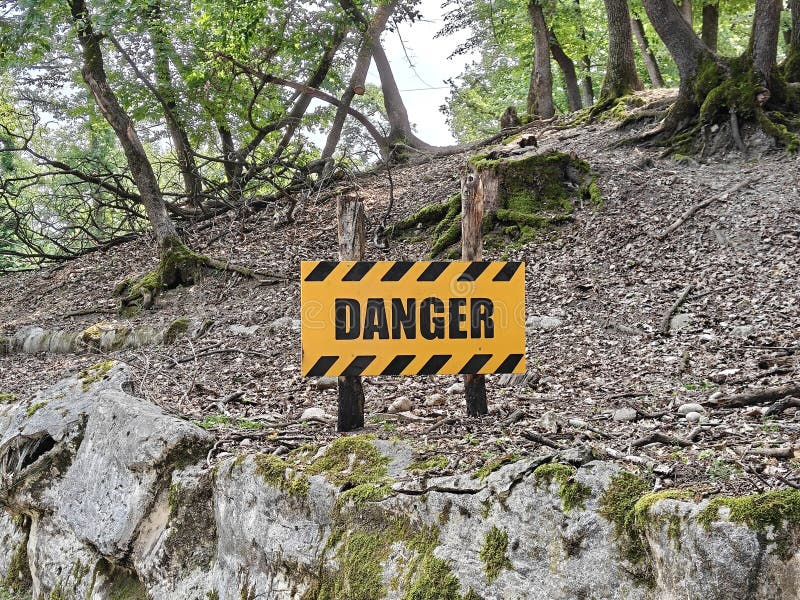 Signo de peligro en bosques sobrepoblados : Precaución en una pendiente empinada de la hoja fotografía de archivo libre de regalías