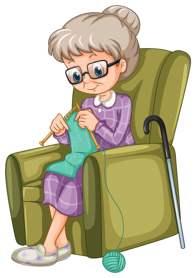 Signora anziana che tricotta sulla sedia illustrazione di stock Signora anziana che tricotta sulla sedia illustrazione di stock