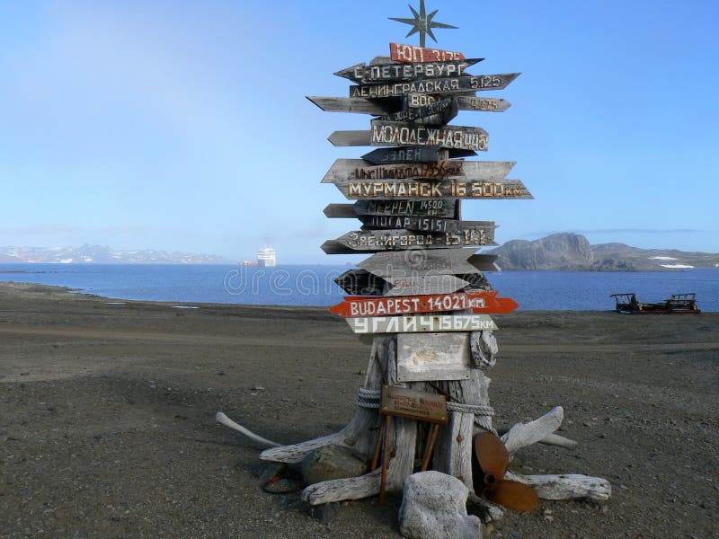 A signpost on the Antarctic peninsula shows distances to various points around the world. Antarctica