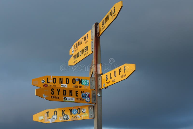 Signpost pointing way and distances to major world cities.