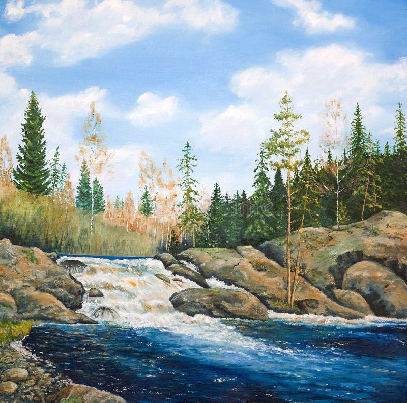 Oil painting on canvas. Waterfall. Oil painting on canvas. Waterfall