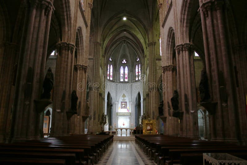 Sikt från ingången av inre av en stor neo gotisk catolic kyrka i Quito Ecuador royaltyfri fotografi Sikt från ingången av inre av en stor neo gotisk catolic kyrka i Quito Ecuador royaltyfri fotografi