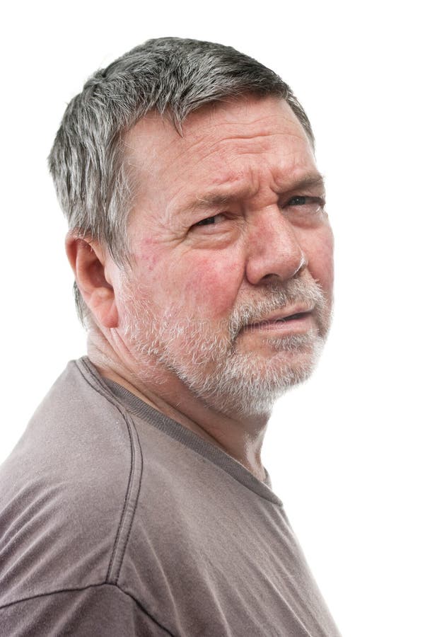 Mature man of 58 years, with white stubbly beard, 2/3 view head & shoulders, isolated on white. Mature man of 58 years, with white stubbly beard, 2/3 view head & shoulders, isolated on white