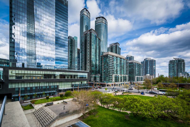 Sikten av olympiskt parkerar och moderna skyskrapor i i stadens centrum Toronto, arkivfoton Sikten av olympiskt parkerar och moderna skyskrapor i i stadens centrum Toronto, arkivfoton