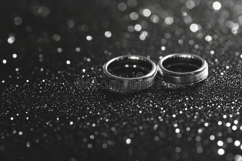 Silberne Hochzeitsringe mit schimmerndem schwarzem glänzenden Hintergrund, die ewig zeitlose Liebesgeschichte darstellen lizenzfreie abbildung