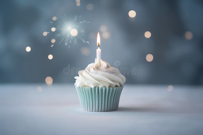 Silberne Kuchen mit Kerze auf silberfarbenem Hintergrund leerer Platz. generative Hilfe stock abbildung