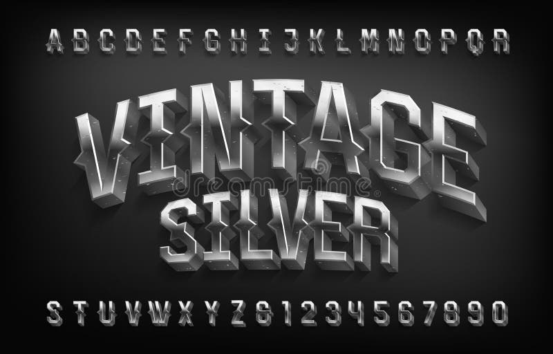 Vintage silver alphabet font. 3D damaged metal letters. Stock vector typescript for your design. Vintage silver alphabet font. 3D damaged metal letters. Stock vector typescript for your design.