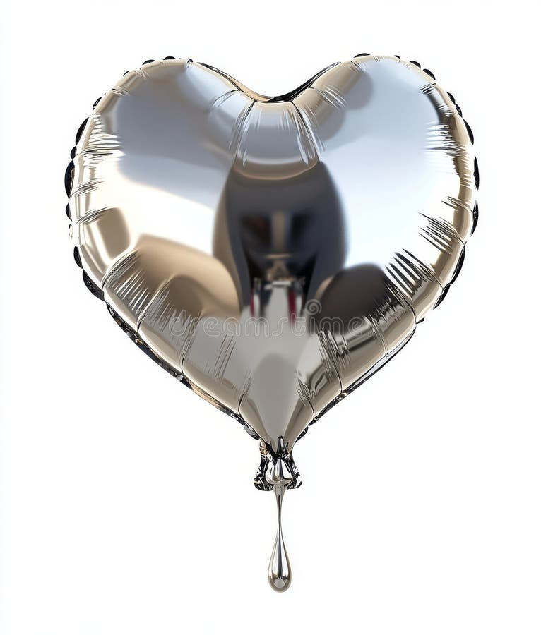 Silberner Ballon, dessen Herz in der Mitte tropft, auf weißem Hintergrund gesetzt. stockbild