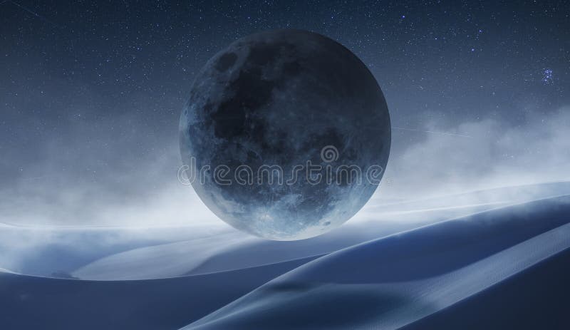 Silence. Futuristic artwork. Giant moon over dark sky in desert. Dawn, foggy landscape. Creative design for wallpaper