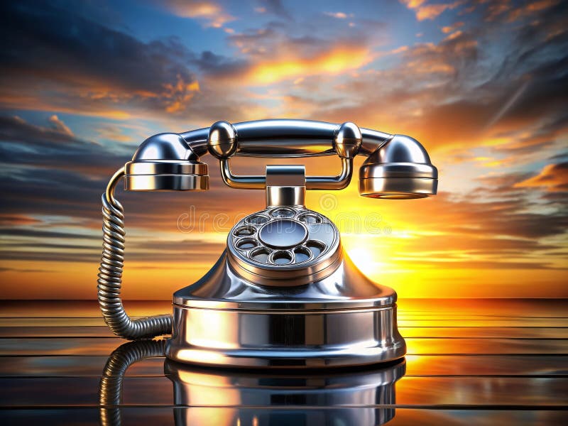 Silencio de teléfono futurista de plata brillante frente a una vibrante puesta de sol: un vistazo al futuro tecnológico ilustración del vector