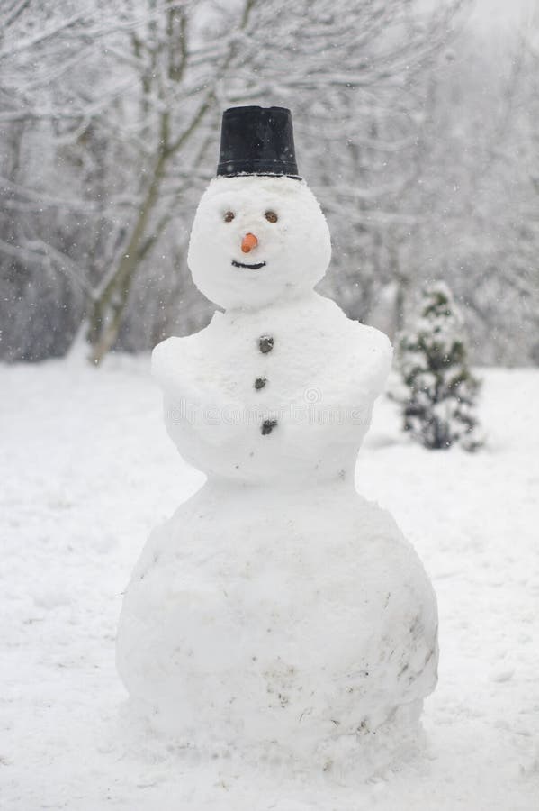 Snow falling over a snowman and a christmas tree. Snow falling over a snowman and a christmas tree